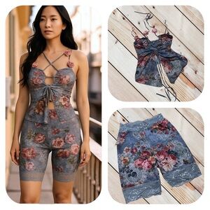Dolls Kill Current Mood XXS floral & lace biker shorts & top set